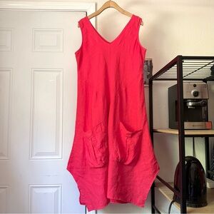 MORAITIS linen Greece coral pink lagenlook short sleeve draped midi dress